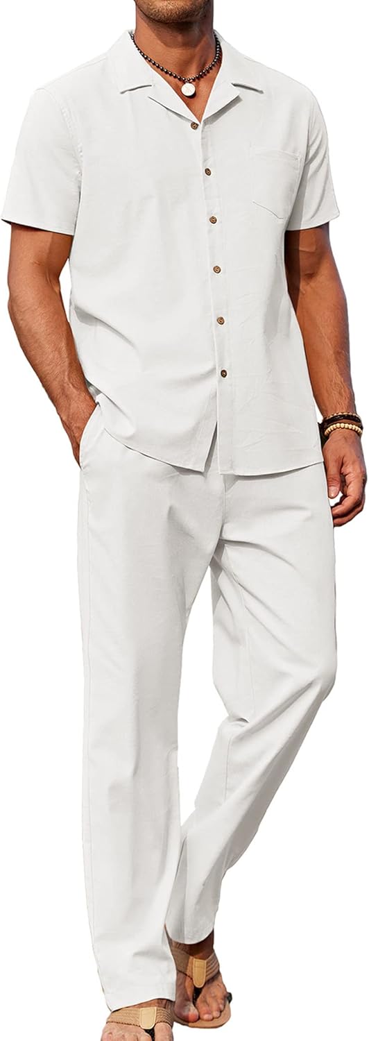Conjunto Oliver Homem Verão – Camisa de Linho com Gola Cubana & Calças Casuais