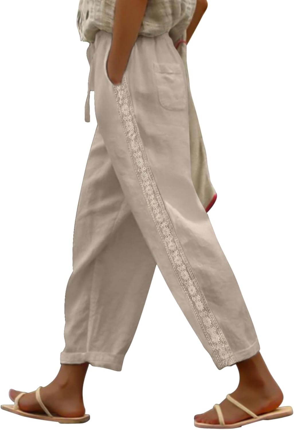 Ysabel Pantalon damă din in Capri – Dantelă, croială largă, talie elastică, vară șic