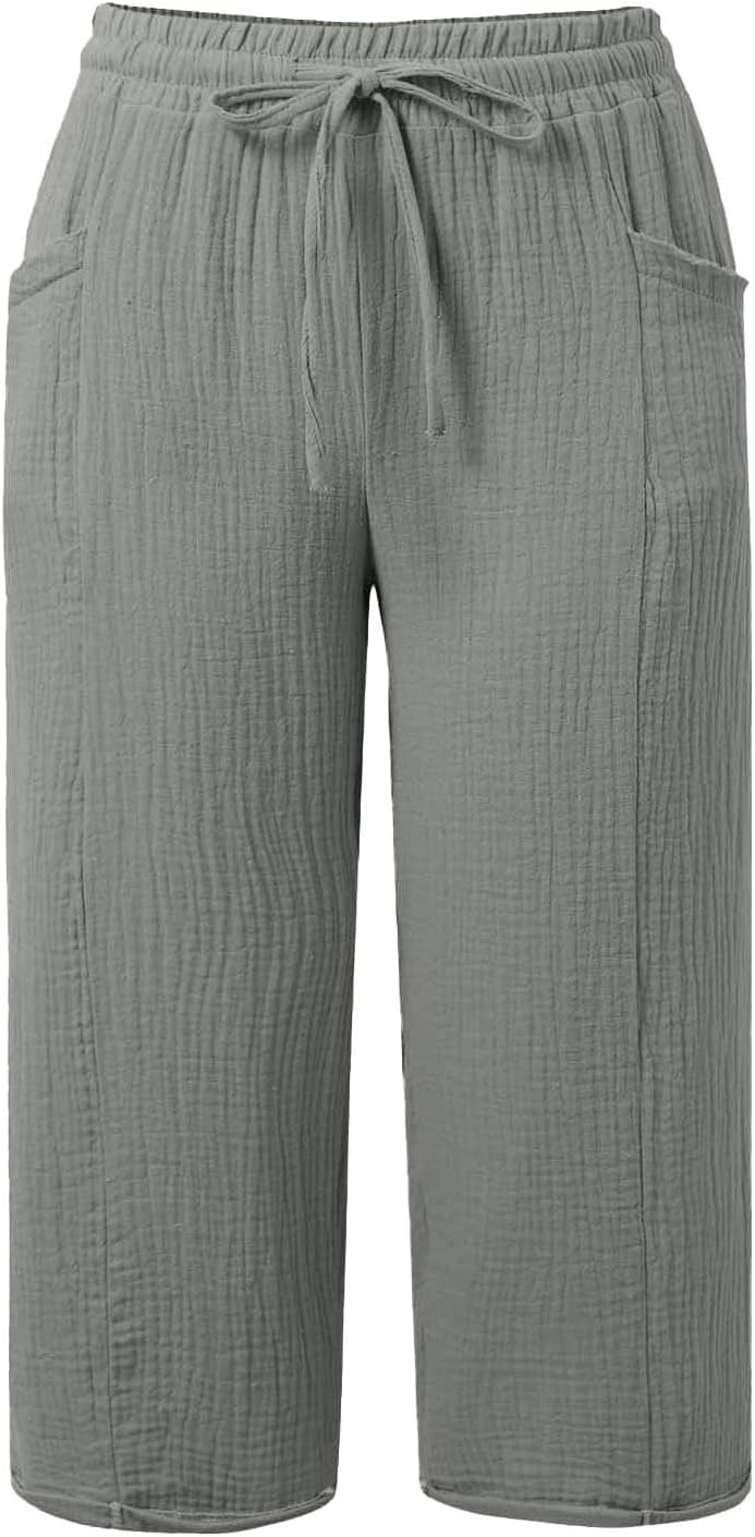Claire Pantalone Capri Donna in Lino – Pantalone 3/4 Largo con Vita Elastica e Tasche