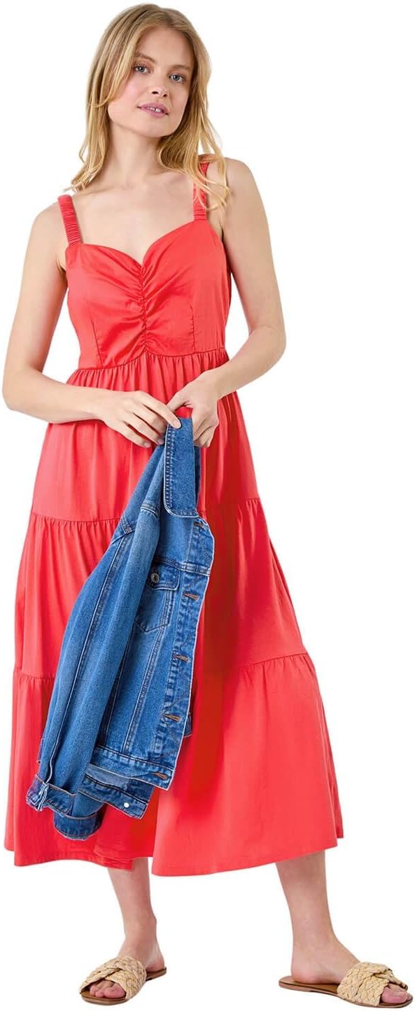 Mila Midi Dress for Women – Cotton Dress with Straps, V-Neck, Ruffles, Elegant Summer Dress