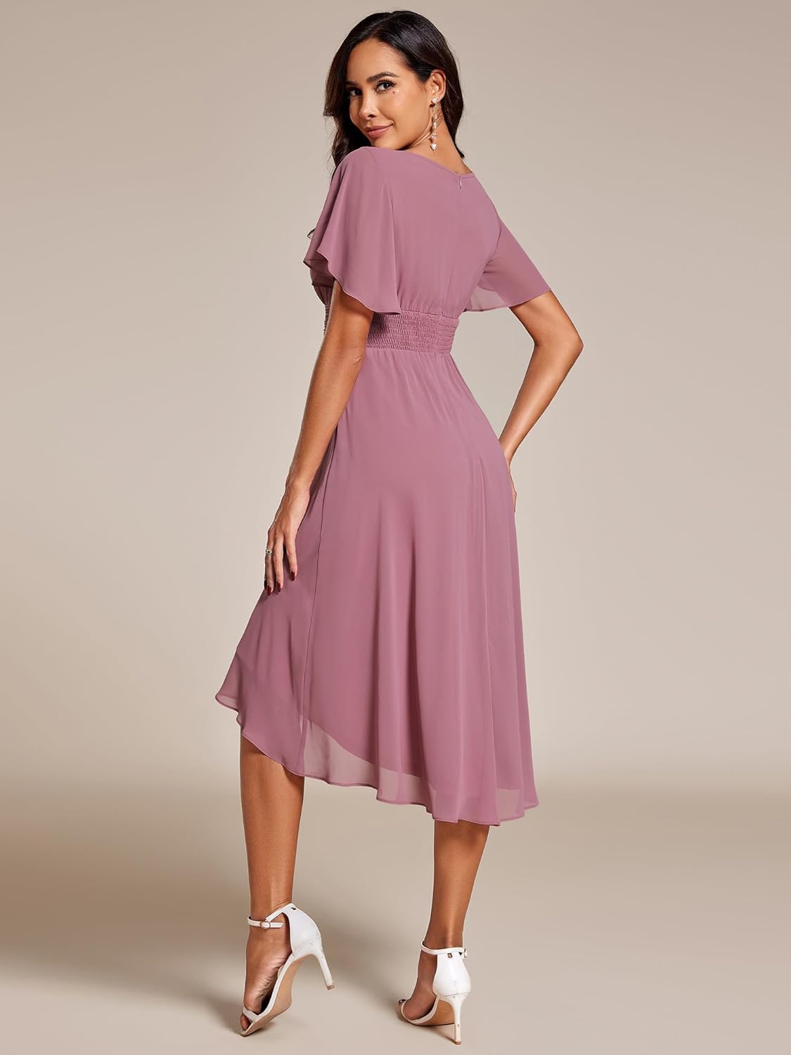 Sukienka Sophie damska midi – elegancka sukienka z szyfonu z okrągłym dekoltem i plisowaną talią na wesele