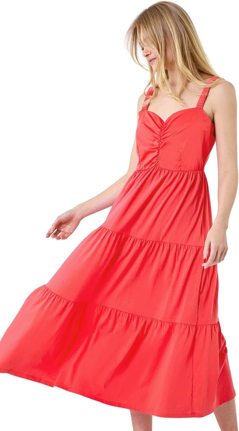 Mila Midi Dress for Women – Cotton Dress with Straps, V-Neck, Ruffles, Elegant Summer Dress