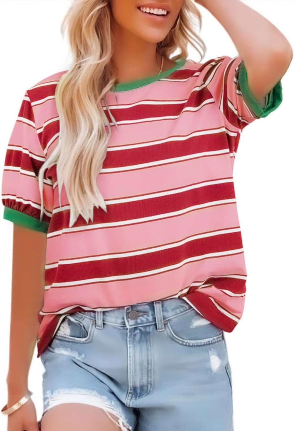 T-shirt Emma Mulher às Riscas – Gola Redonda, Corte Solto, Mangas Curtas Algodão Verão