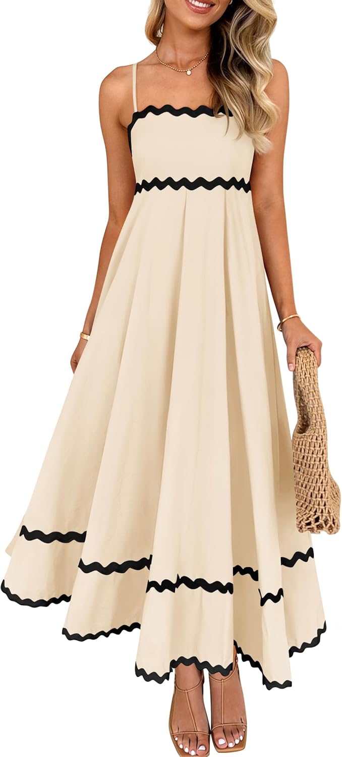 Ella Midi Dress for Women – Elegant Summer Fluid Smocked Dress with Thin Straps and Open Back