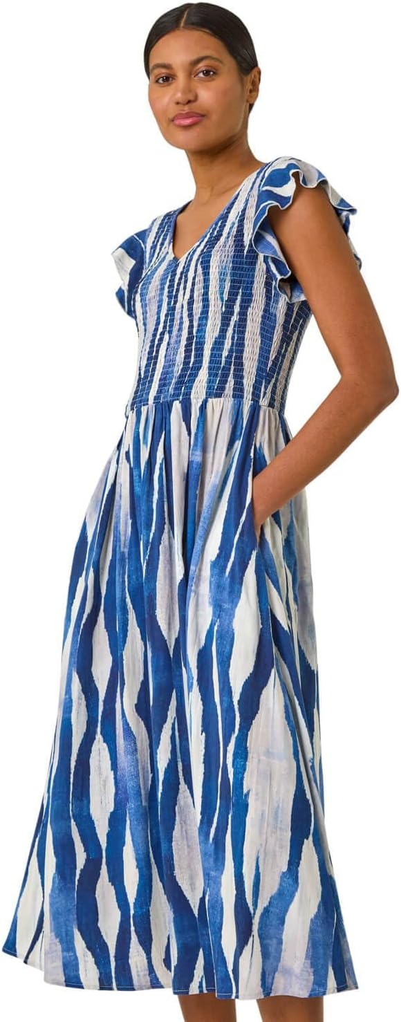 Amélie Robe Midi Femme – Robe Fleurie Smockée Col Rond Volants Été Chic