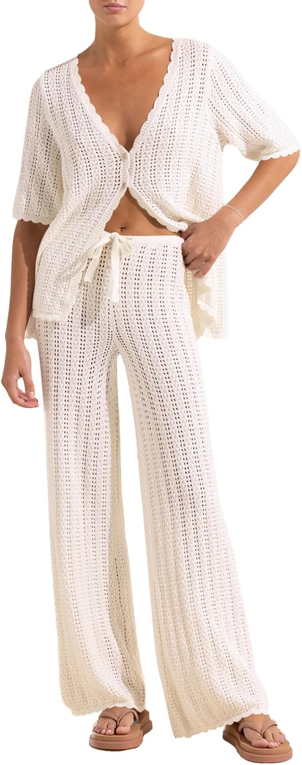 Conjunto de Praia Sally para Mulher – Kimono de Croché e Calças Largas Leves