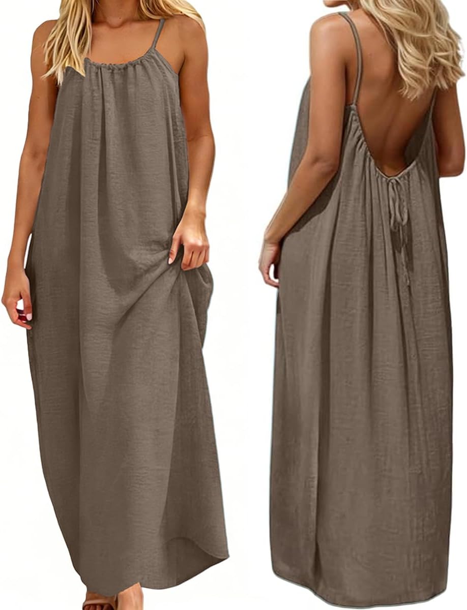 Luna Kjole Maxi Dame – Kjole med Åben Ryg og Smalle Stropper, Hørlook, Sommer, Boheme