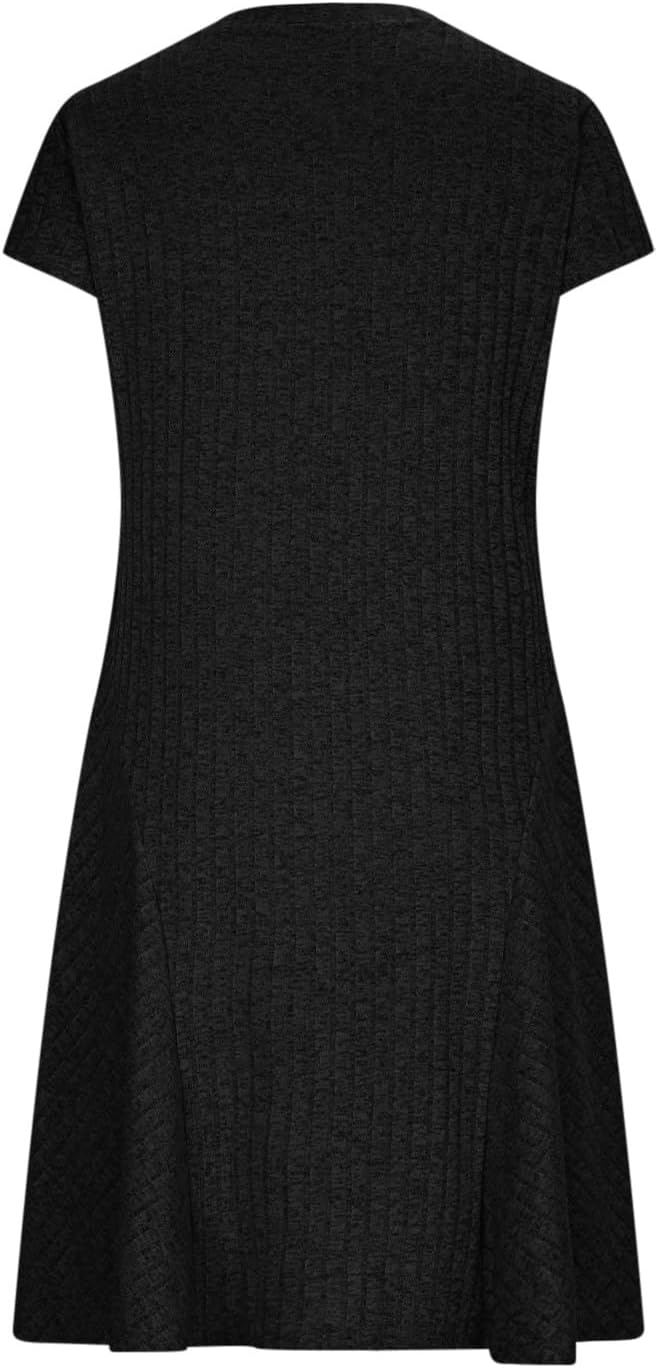 Emma Damenrobe – Elegantes Midikleid aus gerippter Strickware mit Rundhalsausschnitt und kurzen Ärmeln