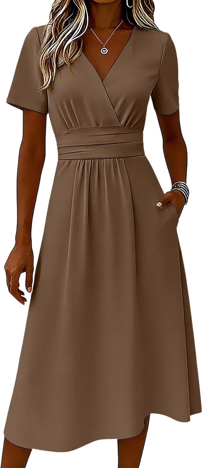 Claire Vestito Donna – Vestito Midi Scollo a V Incrociato Vita Impero Linea A Elegante Estate