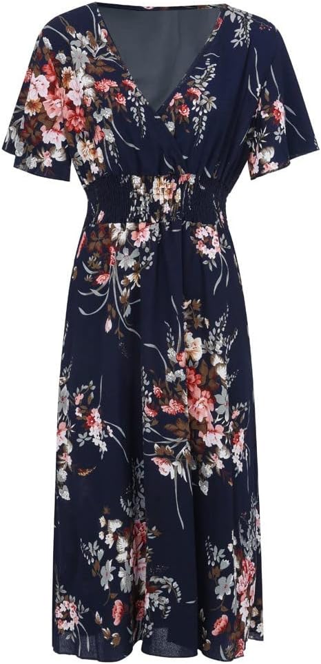 Élise kjole til kvinder – Midi-kjole med blomster, V-hals, A-linje, let og elegant i hør og bomuld til sommer
