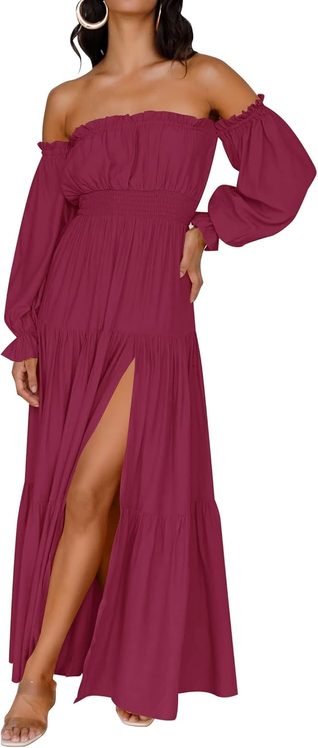 Sukienka maxi Sophie damska – sukienka boho z odkrytymi ramionami, rozcięciem i marszczoną talią