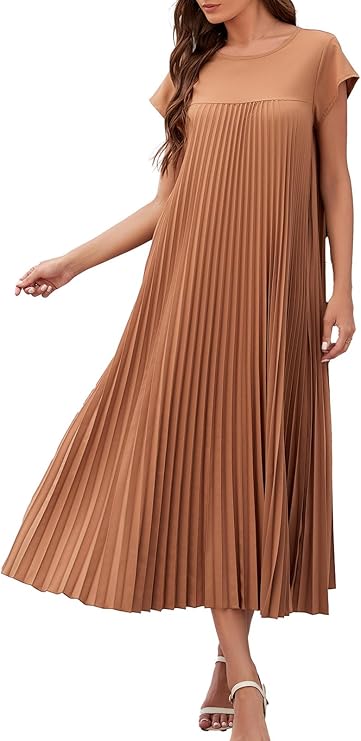 Rochie lungă Ginny pentru femei – plisată, decolteu rotund și buzunare, croială fluidă elegantă de vară