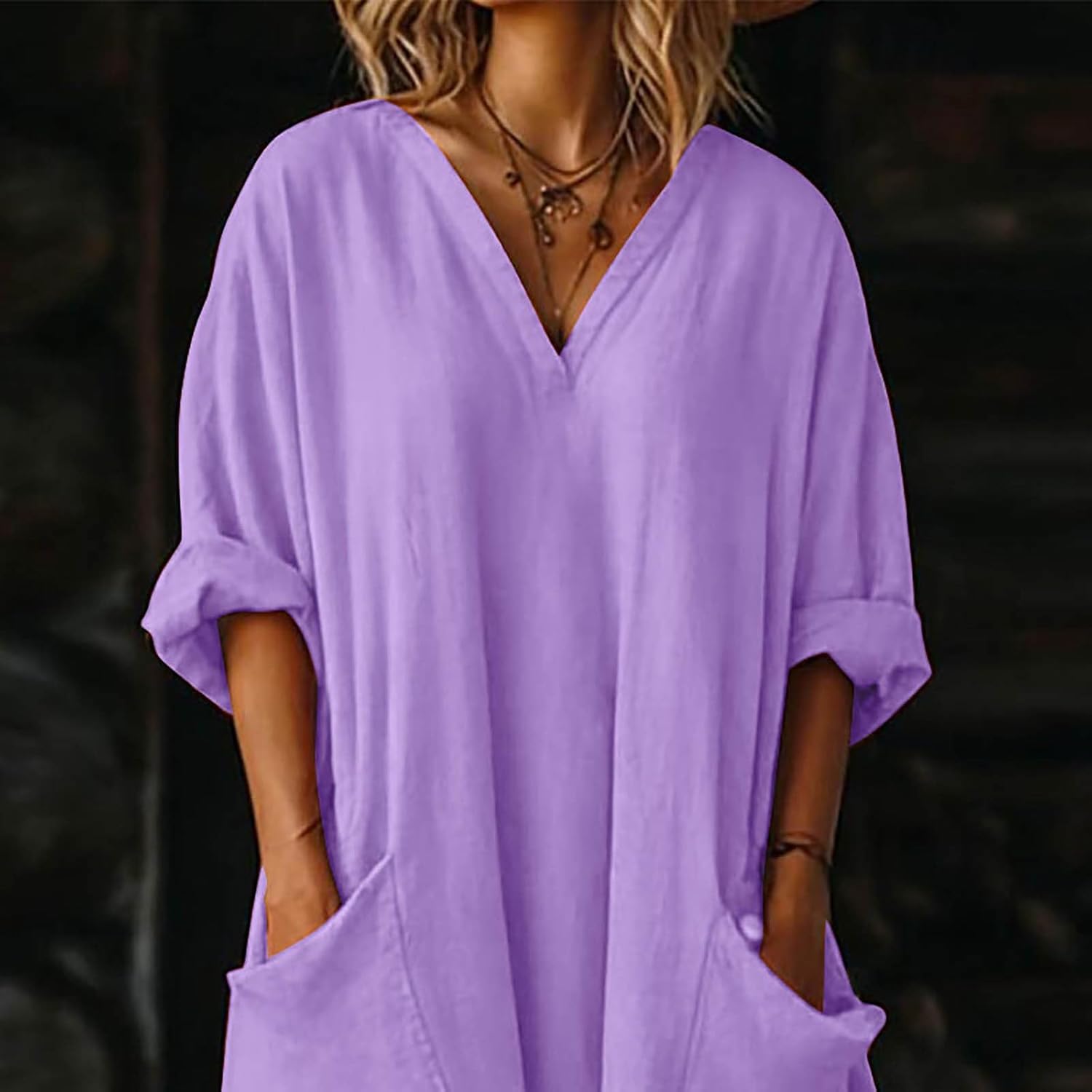 Mila Kleid Damen – Maxikleid Leinen V-Ausschnitt 3/4-Arm A-Linien-Schnitt Oversize Sommer