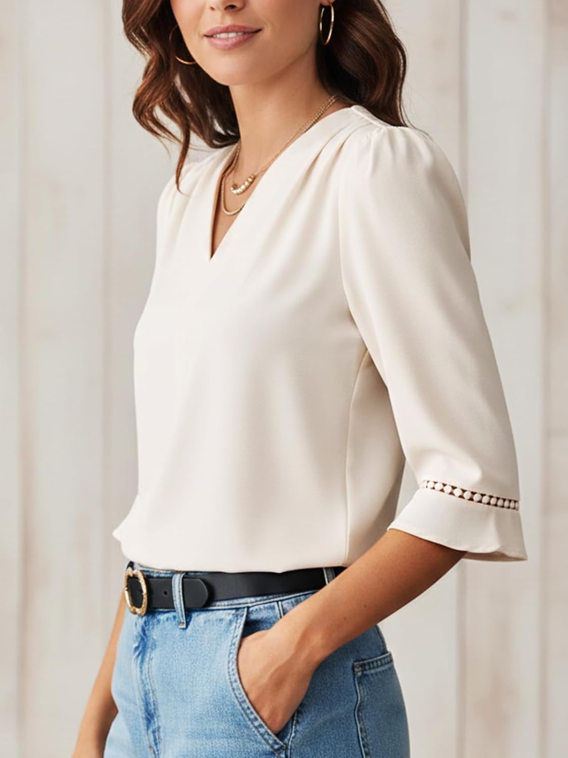 Mina T-Shirt Femme Col V – Coupe Slim Côtelée Stretch, Manches Courtes Été