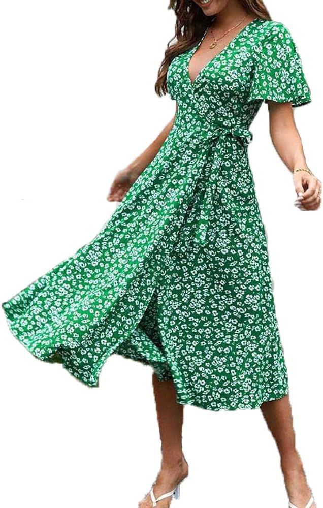 Vestito Midi Emma Donna – Vestito Floreale Scollo a V Incrociato Vita Alta Estate
