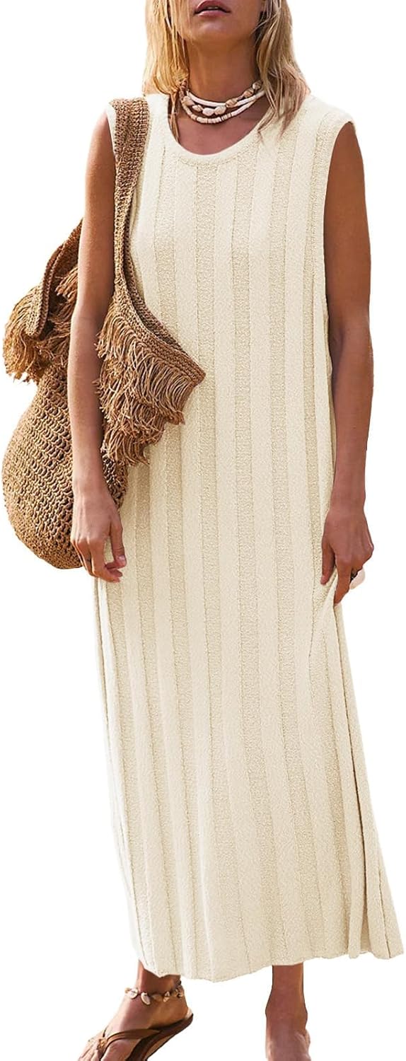 Vestido Maxi Lina para Mujer – Vestido de Punto Acanalado sin Mangas con Cuello Redondo para Verano