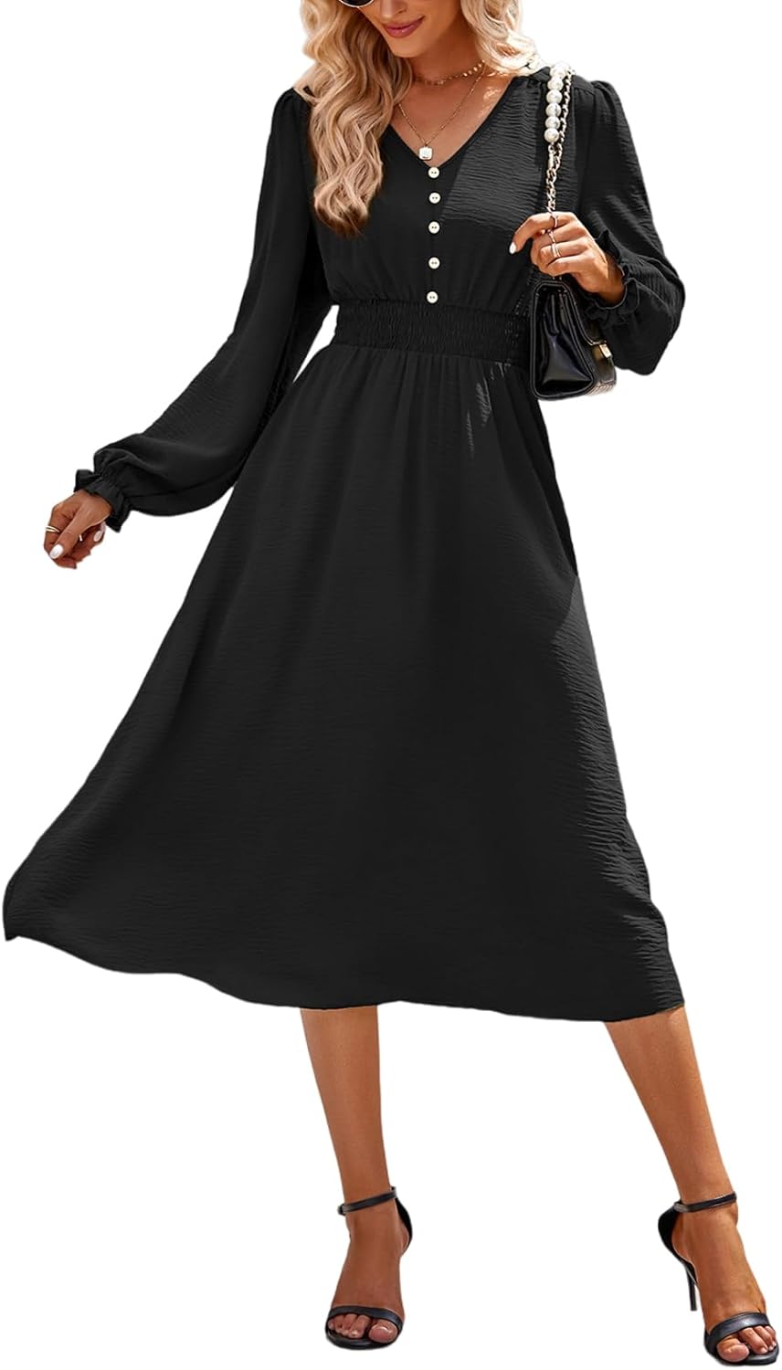 Vestido Emma para mujer midi – vestido elegante con cuello en V, mangas largas, talle alto y corte en línea A