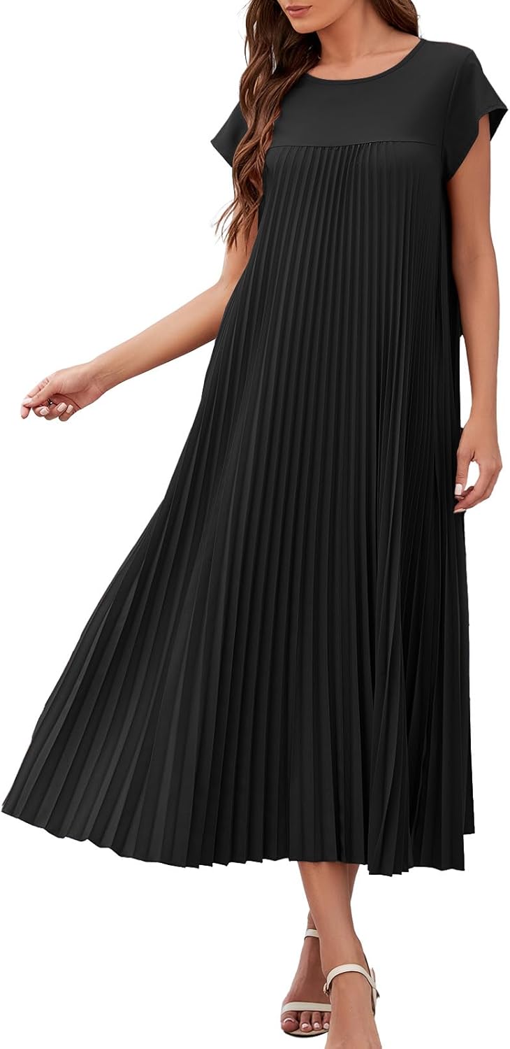 Rochie lungă Ginny pentru femei – plisată, decolteu rotund și buzunare, croială fluidă elegantă de vară