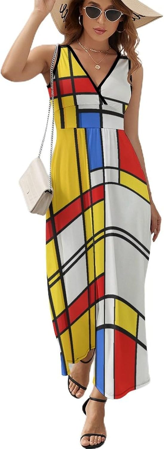 Lena Robe Femme – Robe Maxi Col V Sans Manches Taille Haute Motif Moderne Été