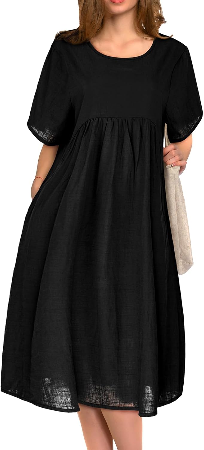 Sophie Robe Midi Femme – Robe Coton Grande Taille Col Rond Avec Poches Été