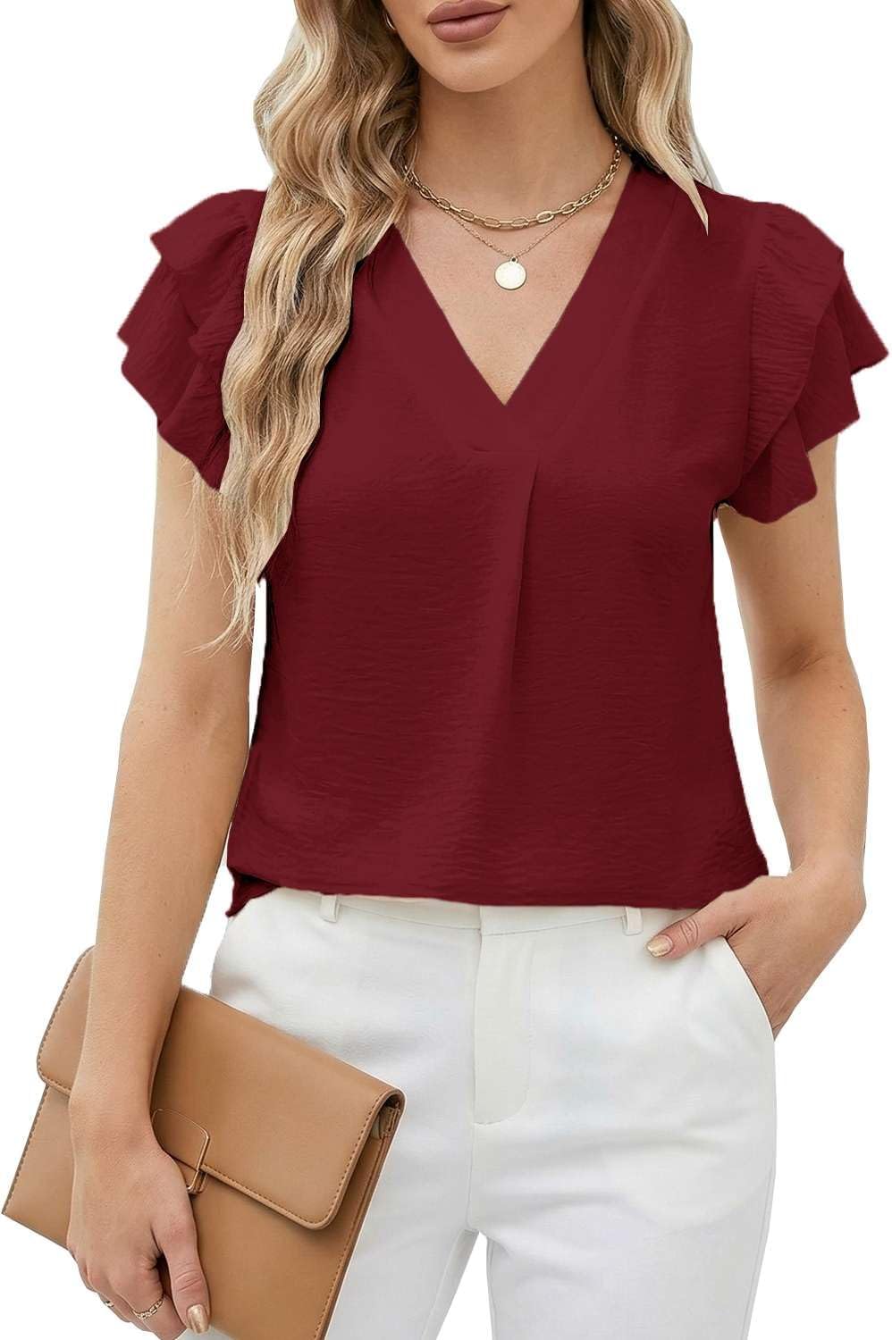 Camille Blouse Femme – Haut Col Montant Volants Élégant Manches Courtes Chic Été