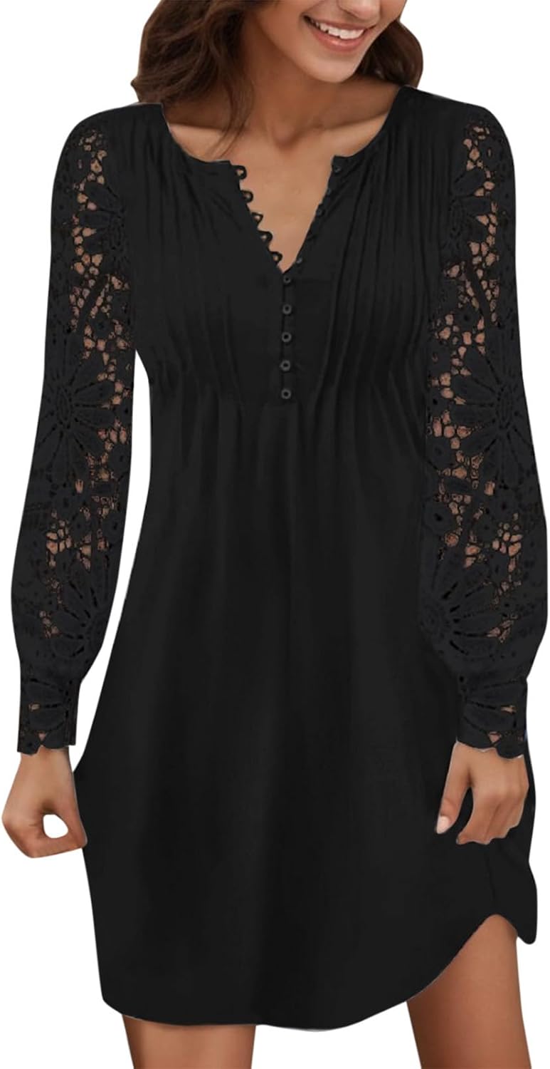 Rochie elegantă Victoria pentru femei – rochie scurtă din dantelă cu decolteu în V și mâneci lungi