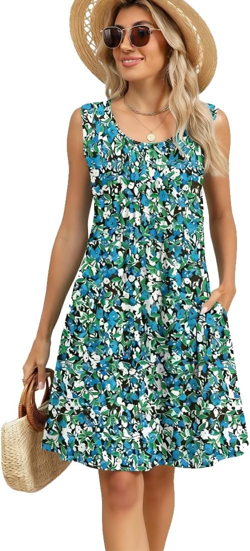 Élise Midikleid Damen – Blumiges ärmelloses Kleid mit Rundhalsausschnitt und Taschen für den Sommer