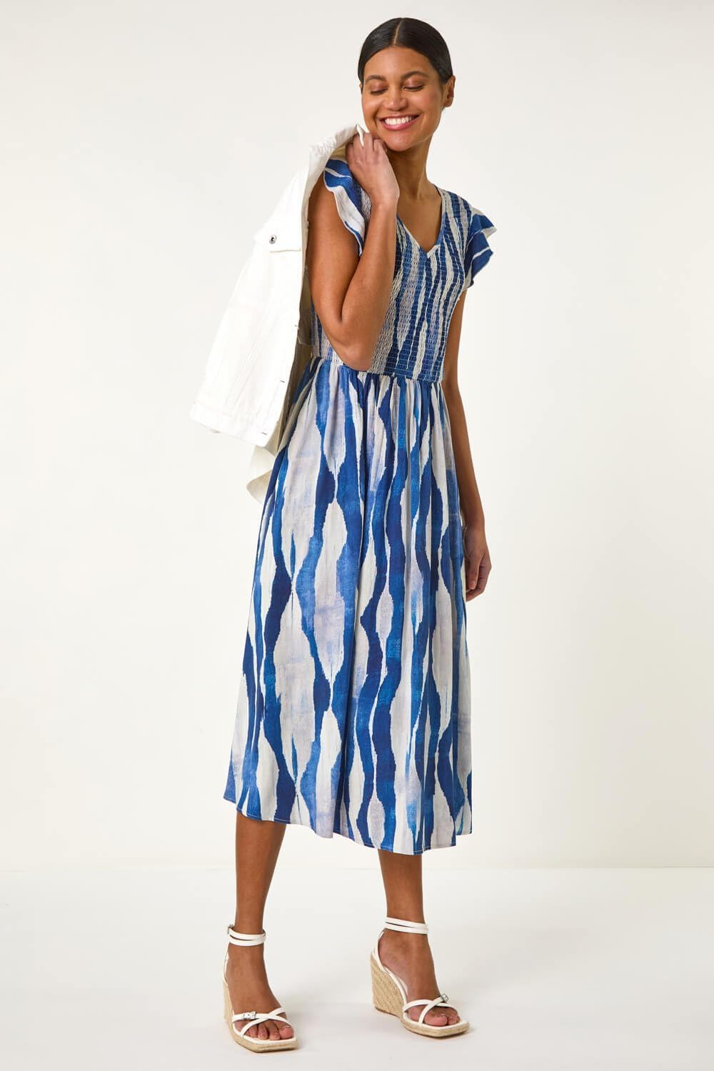 Amélie Robe Midi Femme – Robe Fleurie Smockée Col Rond Volants Été Chic