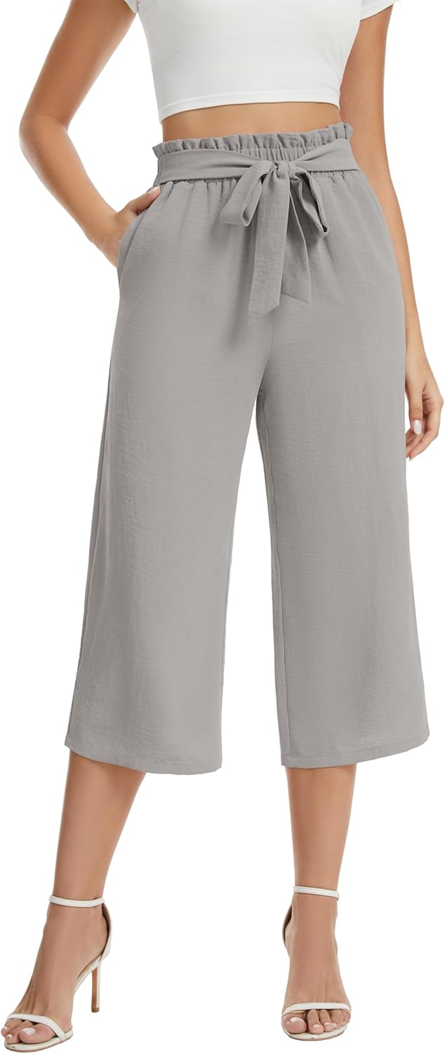 Juliette Pantalon 7/8 Femme – Pantalon Large Fluide Taille Élastique avec Ceinture