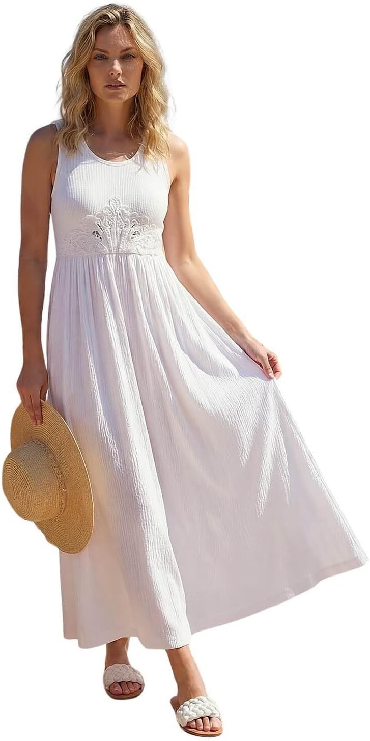 Vestido Midi Claire para Mulher – Vestido de Verão em Algodão com Renda, Gola Redonda, Elegante e Confortável