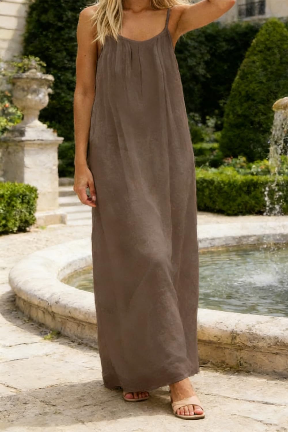 Vestido Maxi Luna Mulher – Vestido de Verão Costas Nuas com Alças Ajustáveis Estilo Linho Fluido