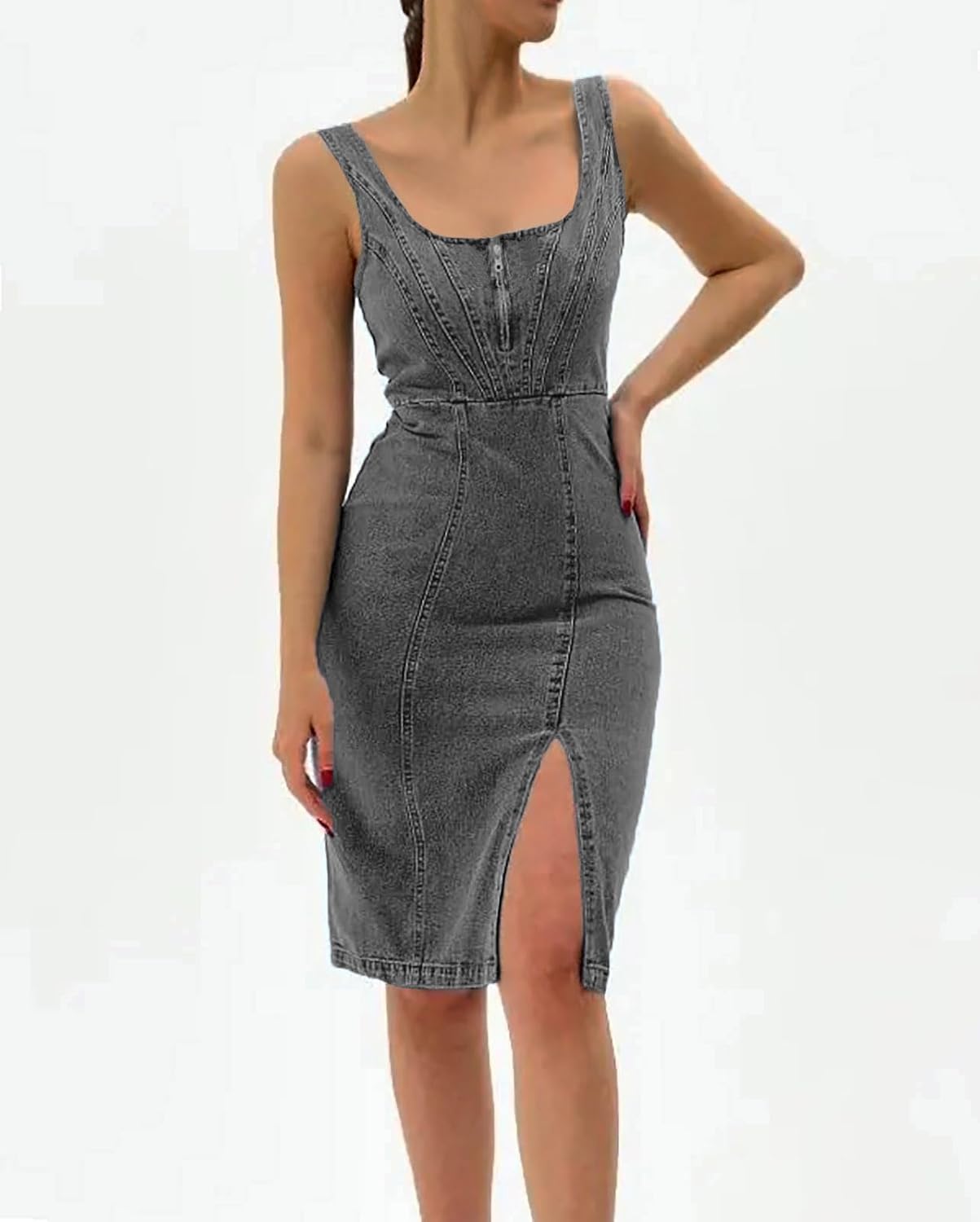 Vestido Sofia Jean Midi Mulher – Vestido Denim Justo com Fenda e Alças Ajustáveis
