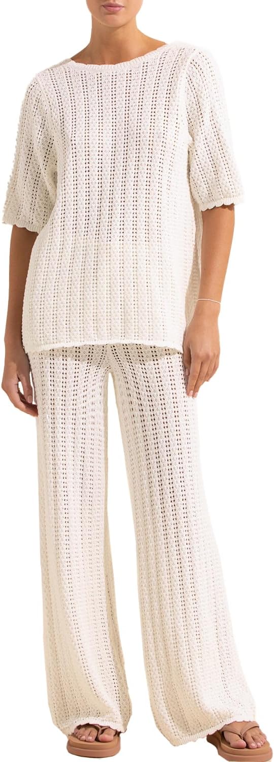 Conjunto de Praia Sally para Mulher – Kimono de Croché e Calças Largas Leves