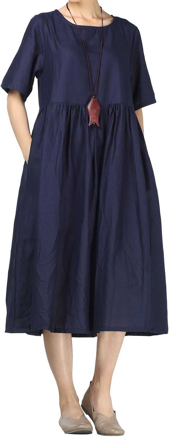Camélia Damen Leinen Maxikleid – Weites Boho-Kleid mit kurzen Ärmeln und Taschen