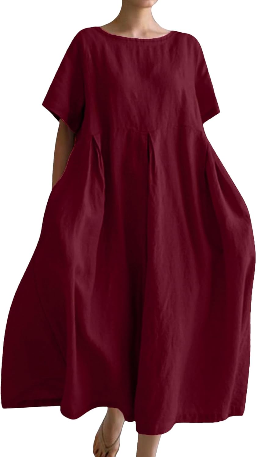 Giulia Abito Donna – Abito Maxi in Cotone Taglio Fluido Collo Tondo Casual Elegante Estate