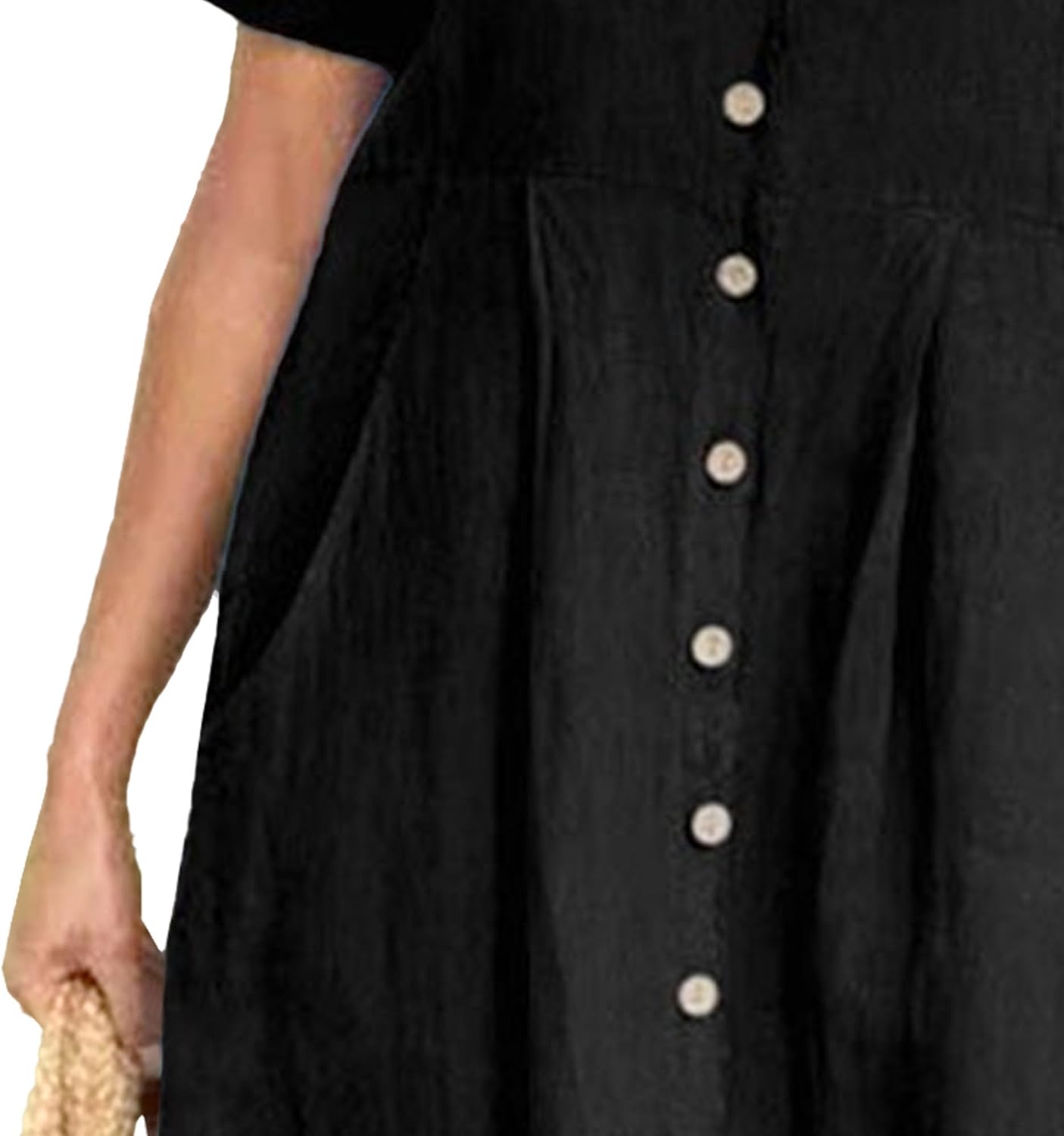 Vestido largo de lino para mujer Glaiza – Cuello en V, abotonado, mangas cortas, talla grande, verano
