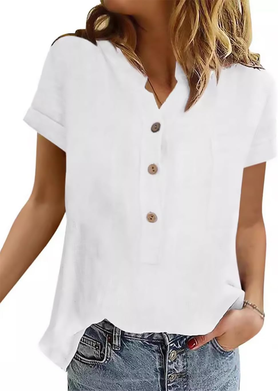 Bluzka Sophie damska bawełniana – elegancki top z dekoltem w serek Henley, krótkie rękawy, lato