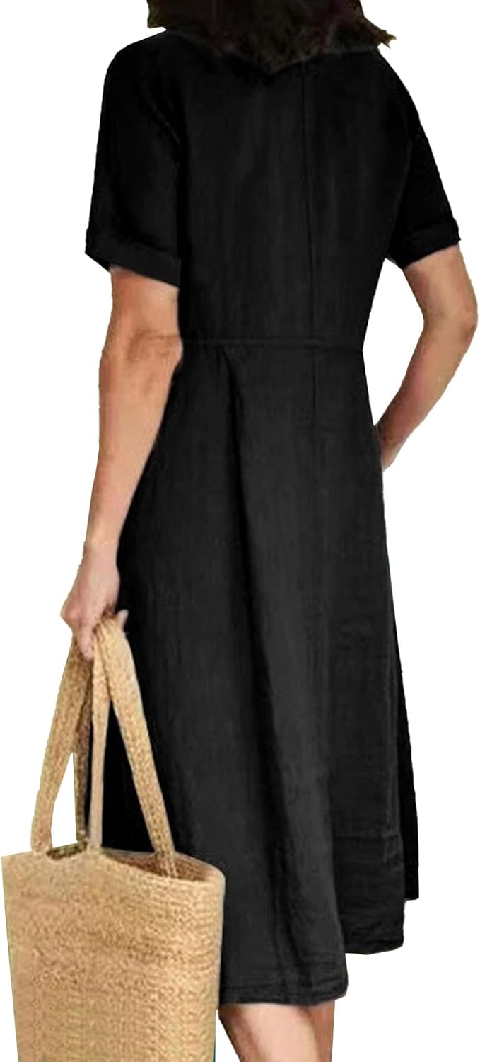 Vestido largo de lino para mujer Glaiza – Cuello en V, abotonado, mangas cortas, talla grande, verano