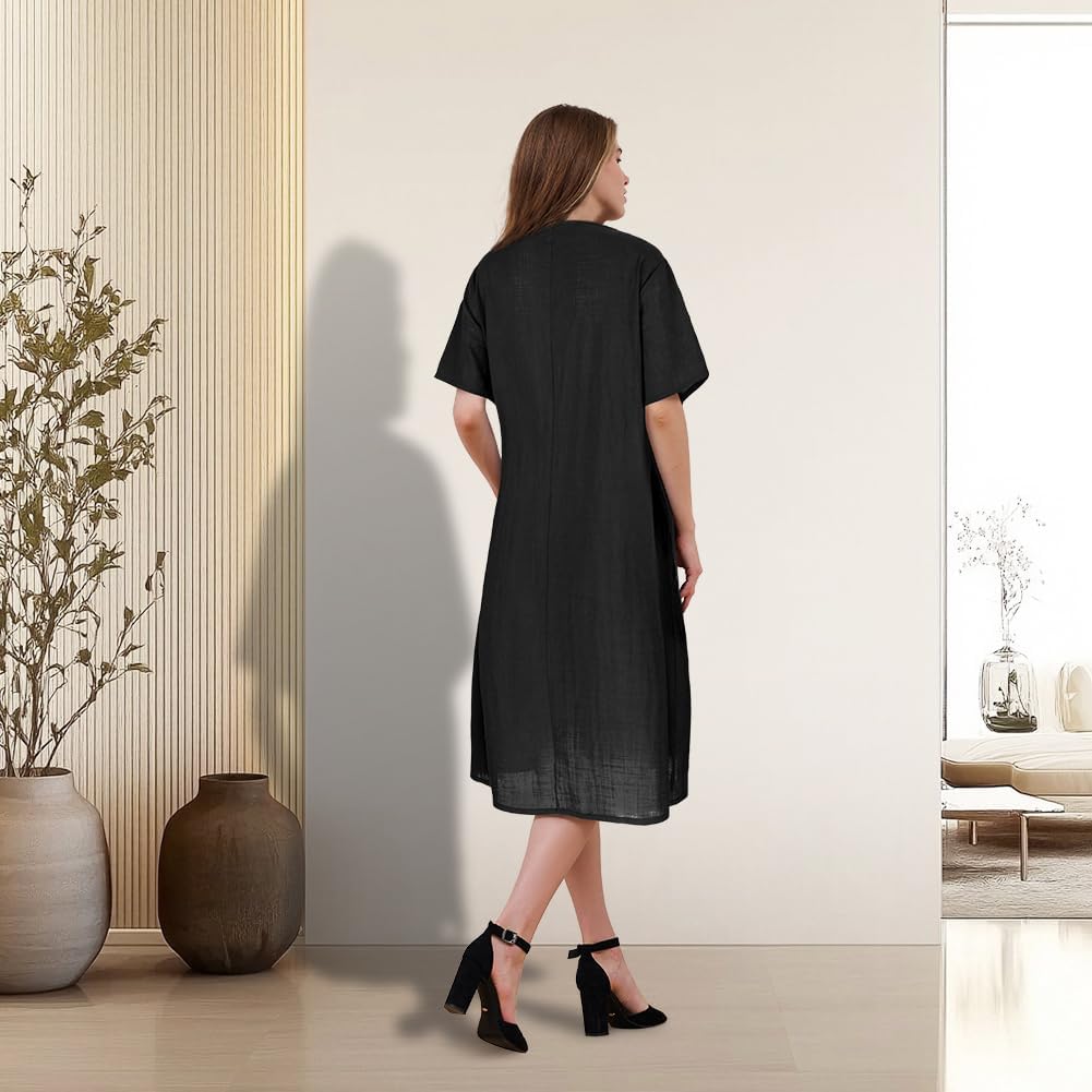 Sophie Robe Midi Femme – Robe Coton Grande Taille Col Rond Avec Poches Été