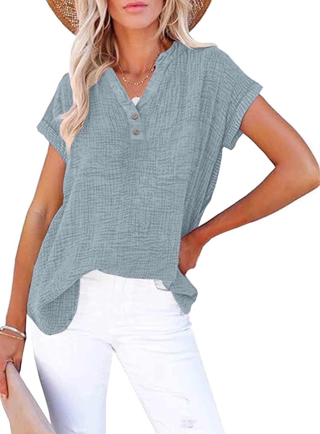 Blusa Camille para mujer en algodón y lino – Top con cuello en V y botones vintage