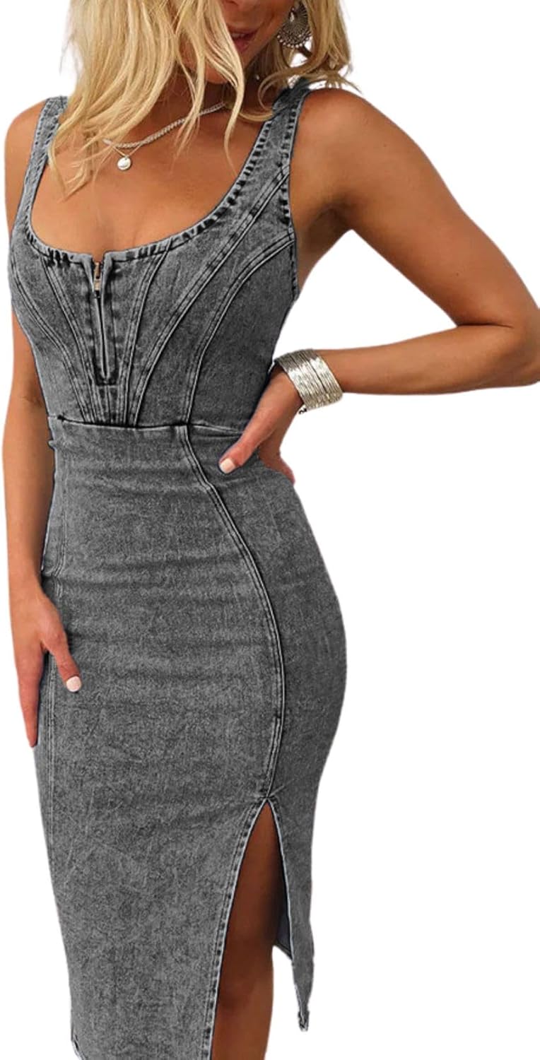 Vestido Sofia Jean Midi Mulher – Vestido Denim Justo com Fenda e Alças Ajustáveis