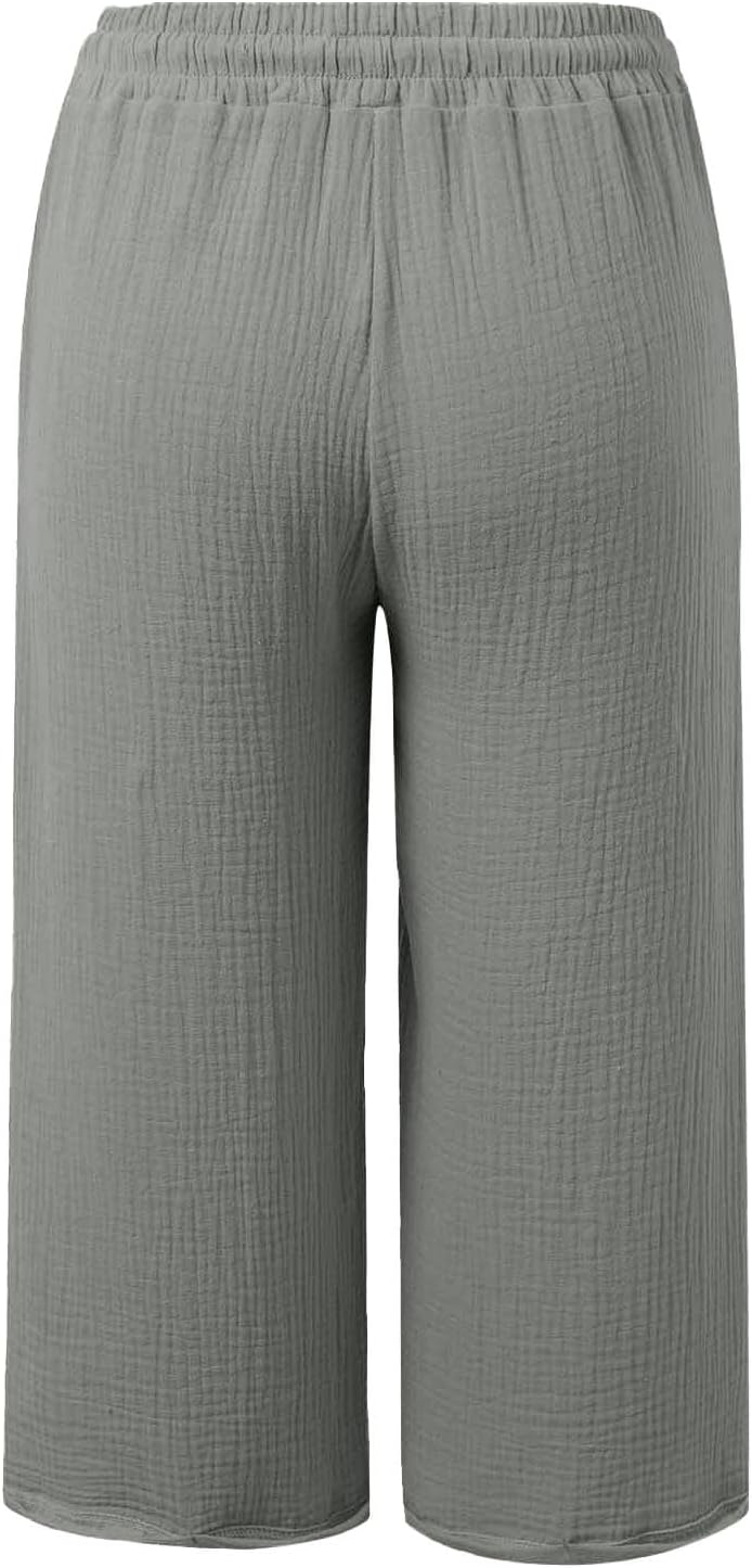 Claire Pantalone Capri Donna in Lino – Pantalone 3/4 Largo con Vita Elastica e Tasche