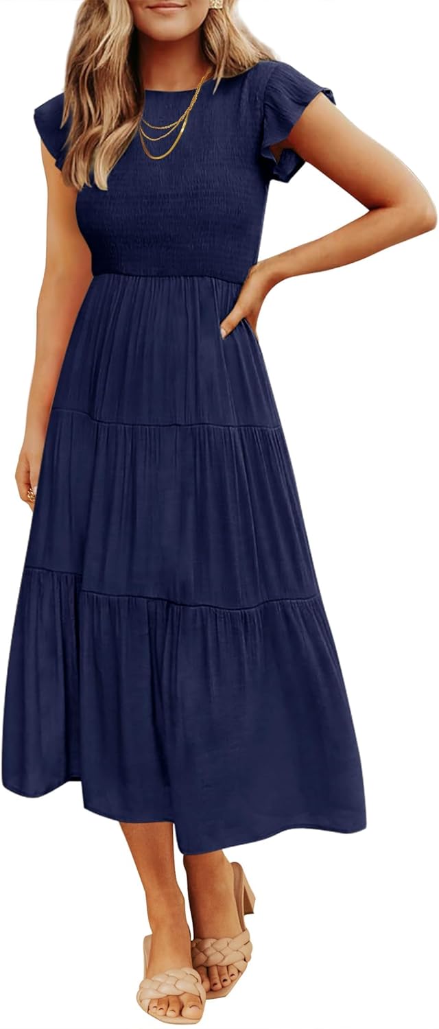 Vestido Midi Élise para Mujer – Vestido de Verano con Cintura Fruncida y Mangas Volantes Elegante y Fluido