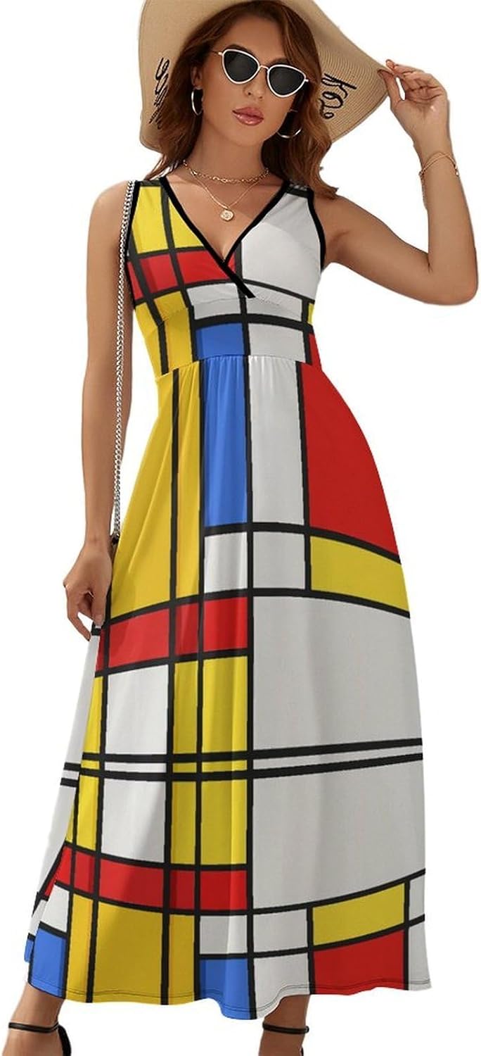 Lena Robe Femme – Robe Maxi Col V Sans Manches Taille Haute Motif Moderne Été