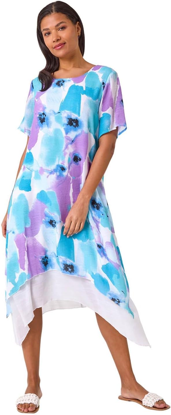 Noémie suora mekko naisille – kaksinkertainen abstrakti kuvioitu sifonkimekko, tyylikäs kesämekko