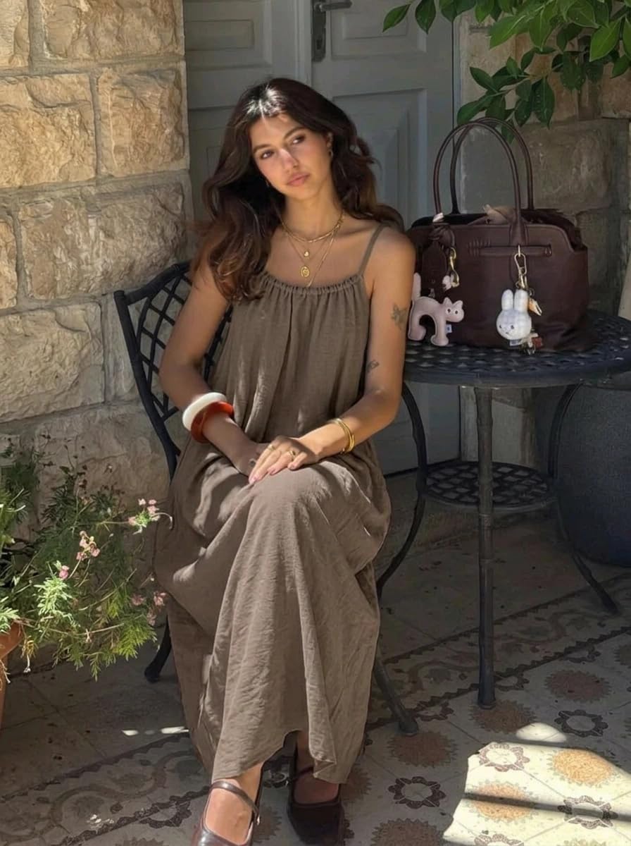 Luna Kjole Maxi Dame – Kjole med Åben Ryg og Smalle Stropper, Hørlook, Sommer, Boheme