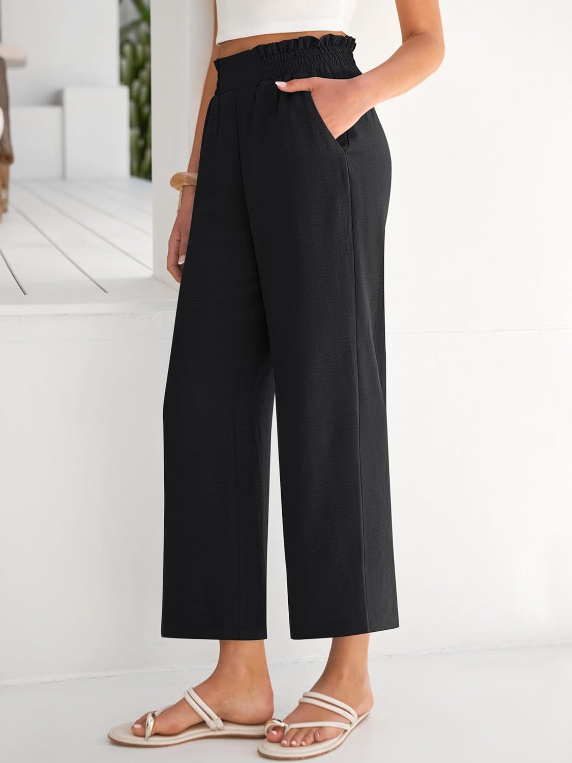 Eva Pantalon Femme – Pantalon Palazzo Court Taille Haute & Poches Été