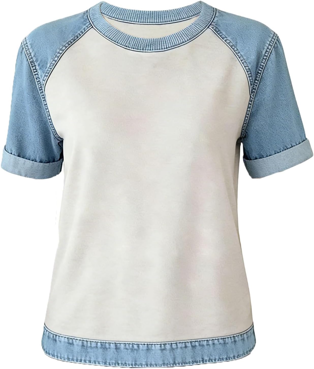 Glaidel Women's Blouse Round Neck – Lightweight Denim T-Shirt, Flowing Cut, Casual Elegant Summer