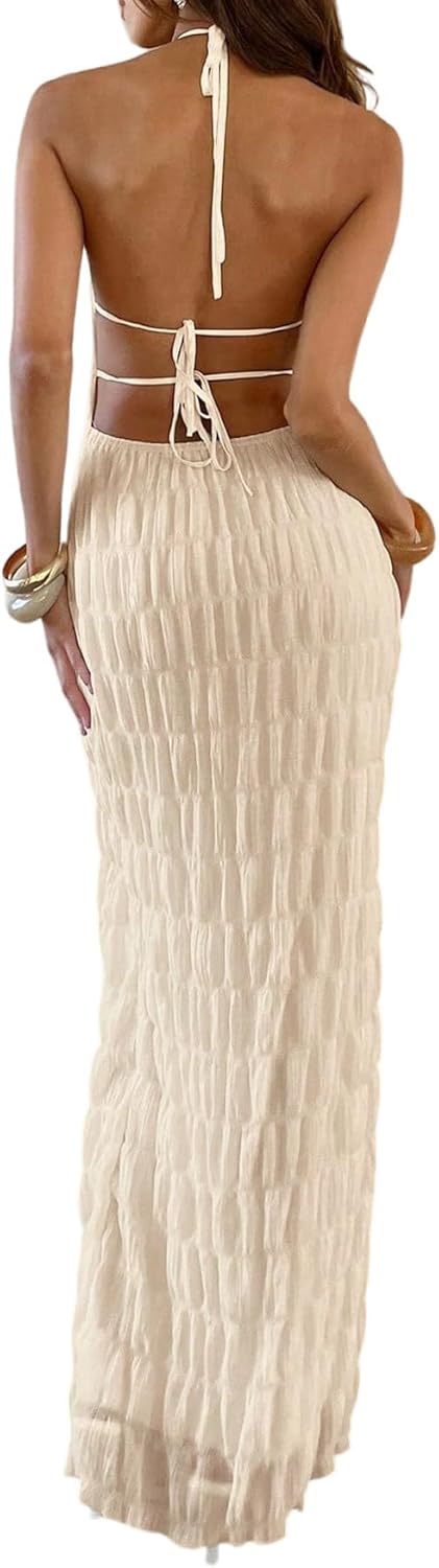 Eva maxi-jurk voor dames – open rug halter bodycon jurk, elegant, old money stijl