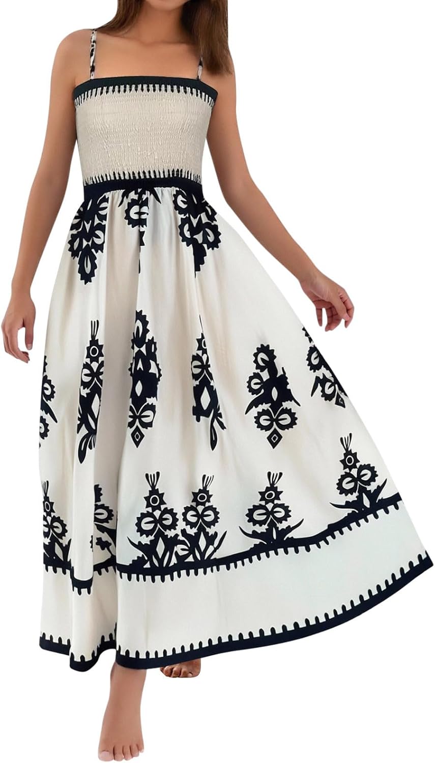 Amélie Damenkleid – Maxikleid im Boho-Stil mit gerafftem Quadrat-Ausschnitt, ärmellos, bedruckt, Sommer